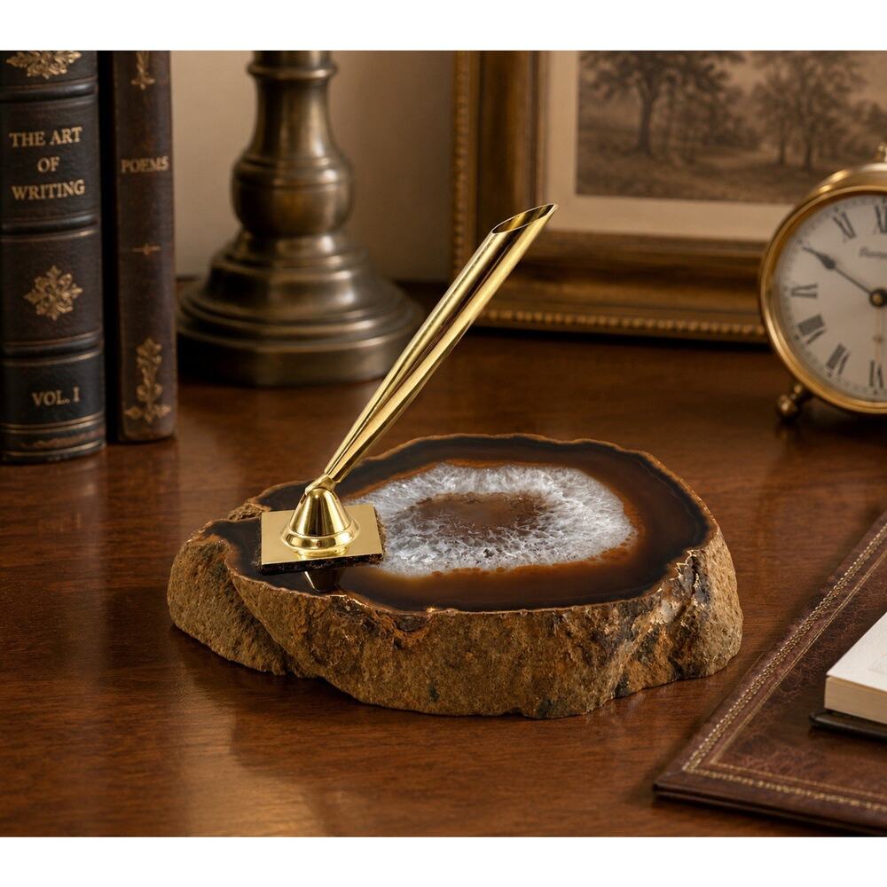 Vintage Manuel Russo Agate Slice Desk Pen Holder w/ Gold Tone Pen 5.5” - Picture 1 of 8